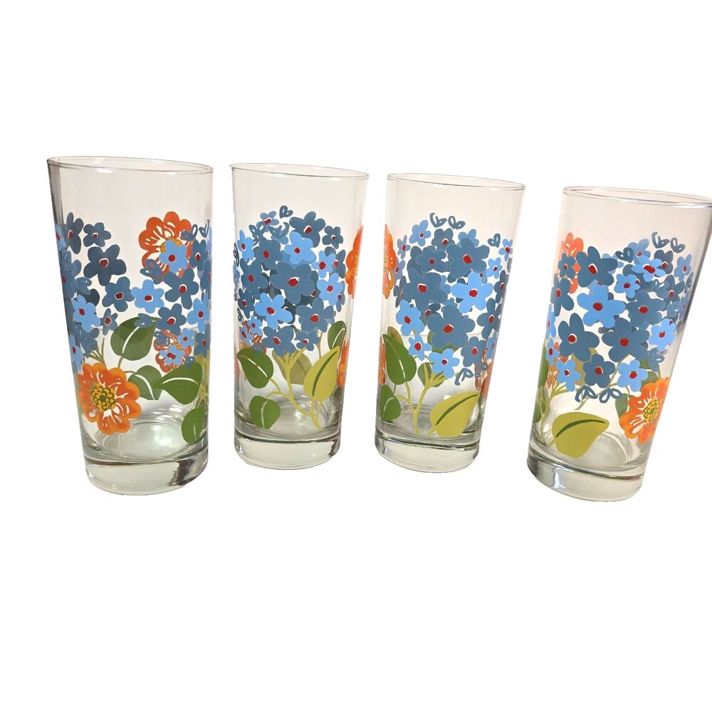 Pottery Barn Graphic Garden Floral Tumblers Set of 4 Blue Orange Flowers Glasses